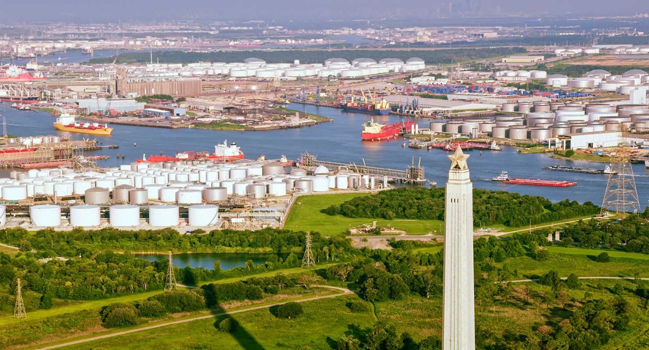 Aerial view of San Jacinto Monument with oil refinery in background, Harris County, Houston, Texas, USA