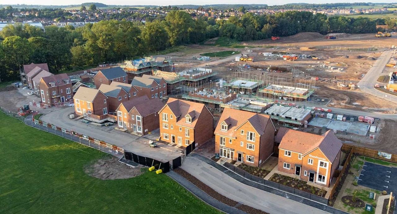 Aerial view of new build housing construction site